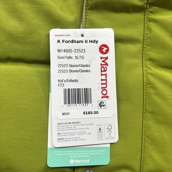Marmot Fordham II 700 Down Jacket Kids Size XL Storm/Cilantro New MSRP $185 - Picture 7 of 8